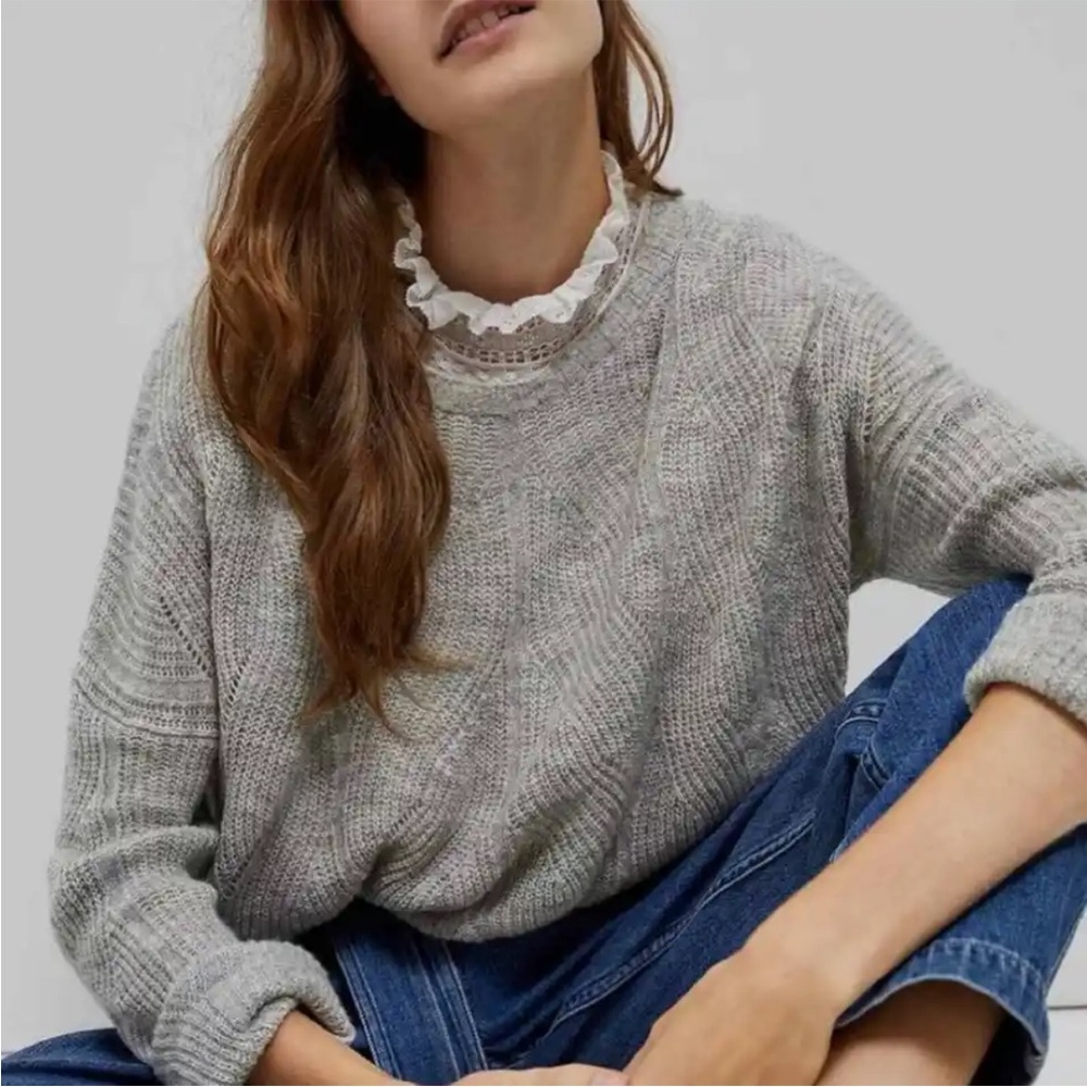 Anthropologie Keely Cable Knit Crew Neck Sweater In Light Grey